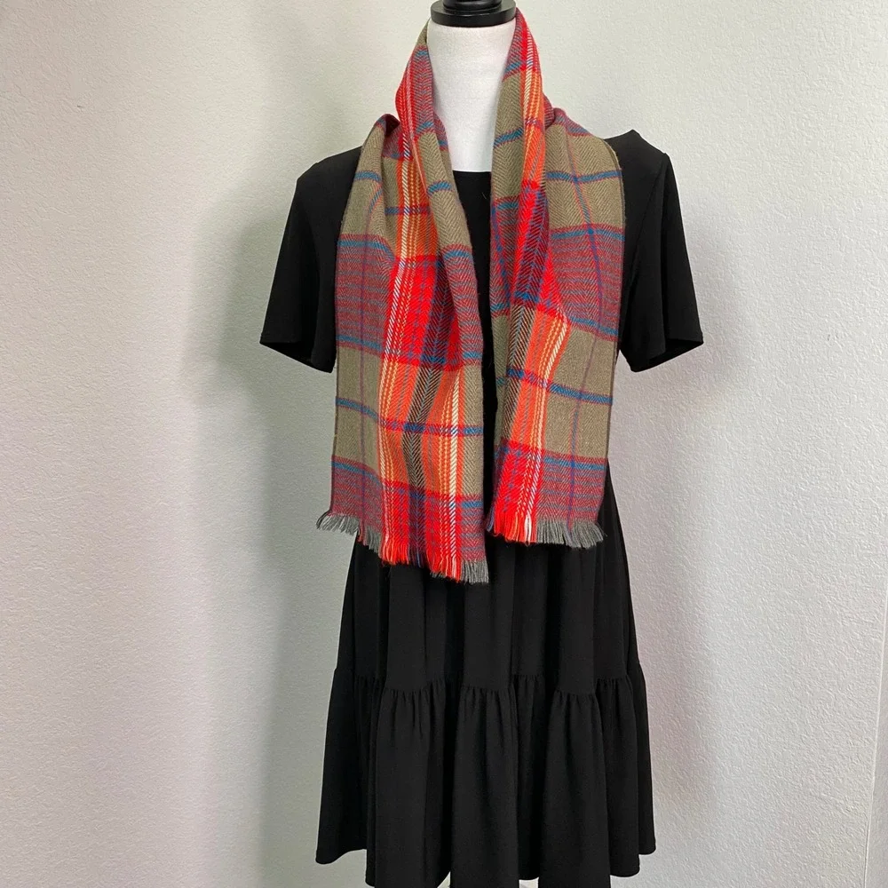 Royal Scot Plaid‎ Scarf 100% Orlon Acrylic Fringe Red Blue Tan Unisex
